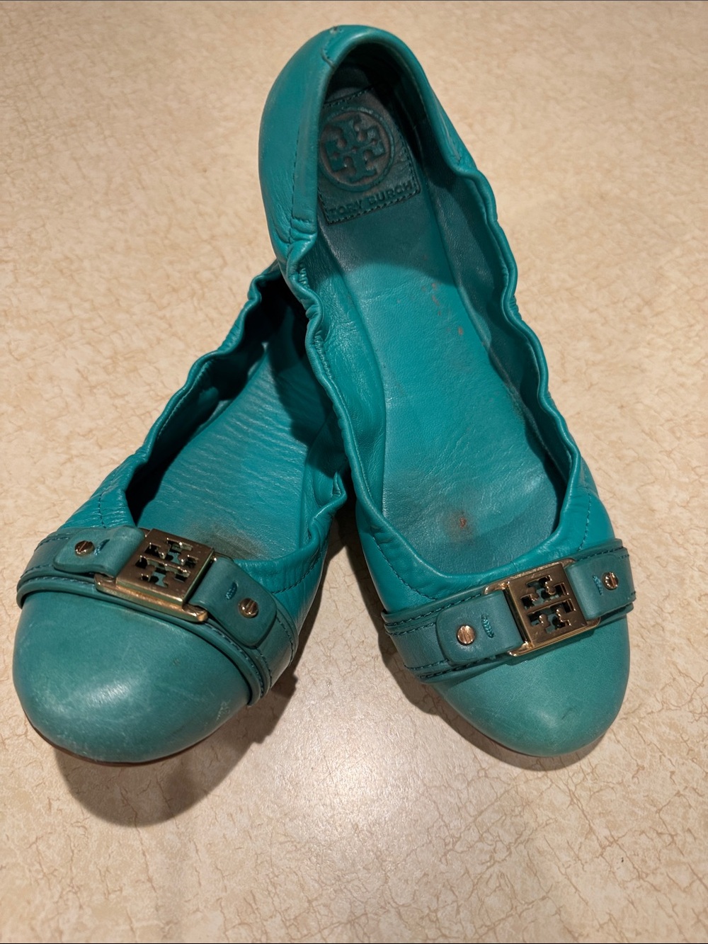 Tory Burch Teal Leather Ballet Flats with Logo Buckle